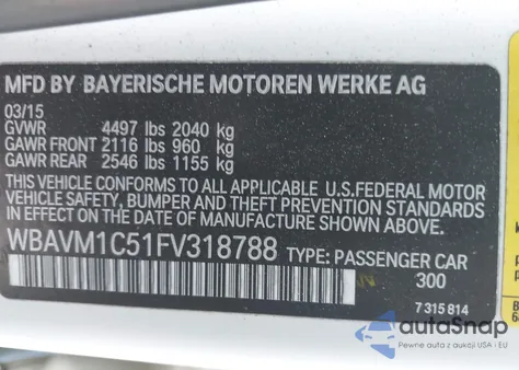 2015 BMW X1 Sdrive28I z USA, uszkodzony, nr VIN WBAVM1C51FV318788